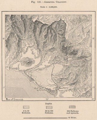 Arequipa Farbverlauf. Islay. Peru 1885 alte antike Vintage Landkarte Plankarte