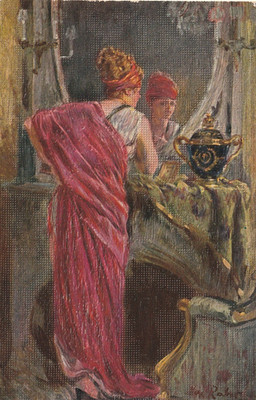 Vintage Postcard Reproduction of oil painting The red scarf by Prof. Max Rabes