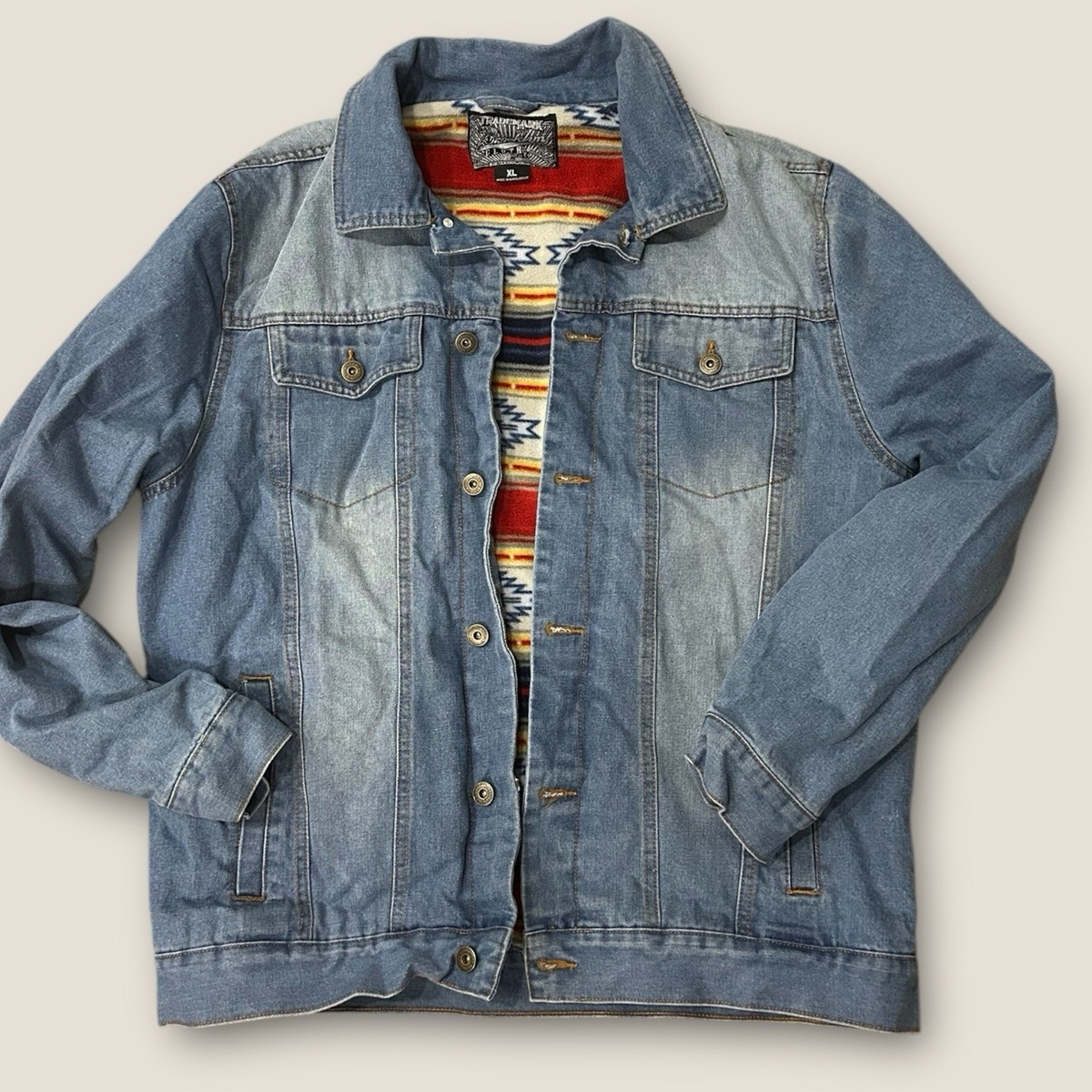 Brooklyn Cloth XL Denim Jacket Aztec Fleece Lined Jean Western Vintage Style