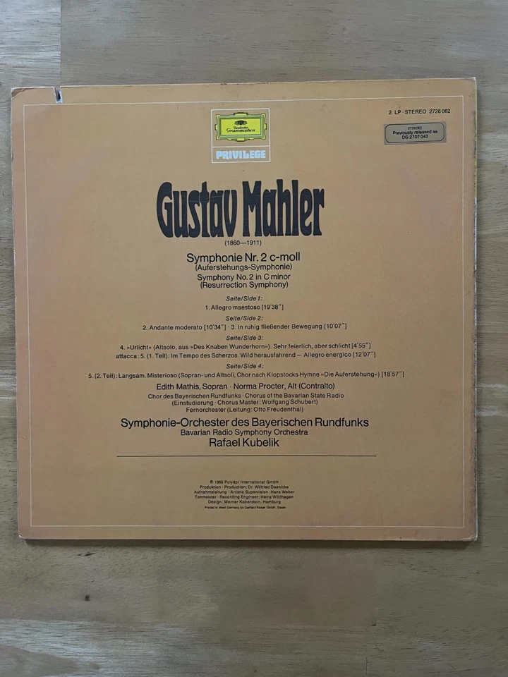 MAHLER Symphony No.2 Resurrection Rafael KUBELIK DG 2726 062 Stereo 2x LP Set NM Foto 2 de 4
