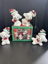 4 Vintage Porcelain Snow Bear Christmas Ornaments With Knit Hats Complete In Box