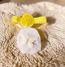 2 Pc. Yellow Baby Stretch Flowered Lace Headband  White Lace Butterfly Clip