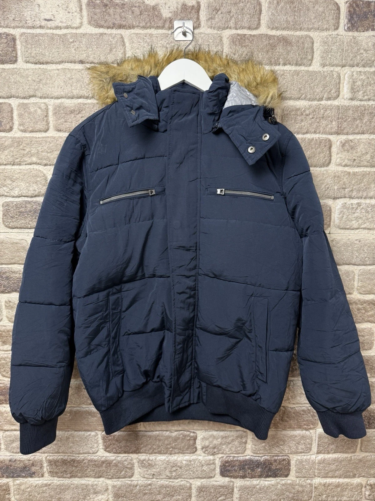 GUESS Men’s Puffer Jacket Small Navy Faux Fur Hood Detachable Winter Coat