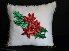 Custom Made Sequin Poinsettia Accent Pillow Holiday/Christmas 12x12  
