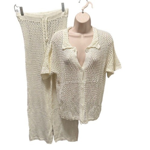 CROCHET Set Cream White Small Buttom Cardigan Short Sleeve Flare Wide leg Pant - Picture 6 of 11