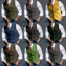 Men Retro Tweed Waistcoat Wool Blend Formal Plaid Herringbone Suit Vest Slim
