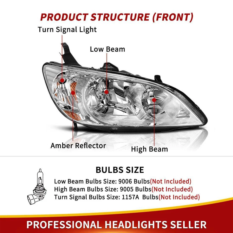 Chrome Headlights Amber Corner Lamps Pair for 2004-2005 Honda Civic 2/4 Door - Image 3 of 4