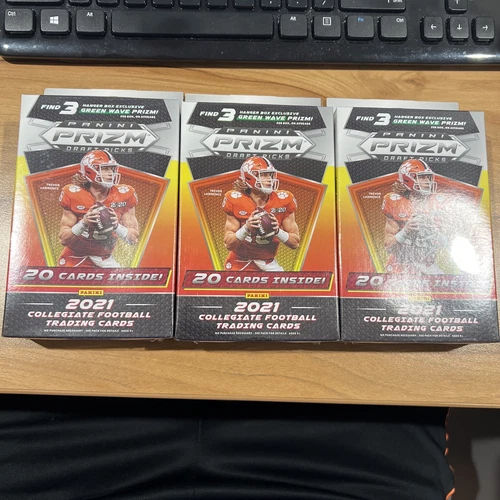 3 x 2021 Football Prizm Draft Picks Hanger Boxes, 3 Green Wave Prizms per box