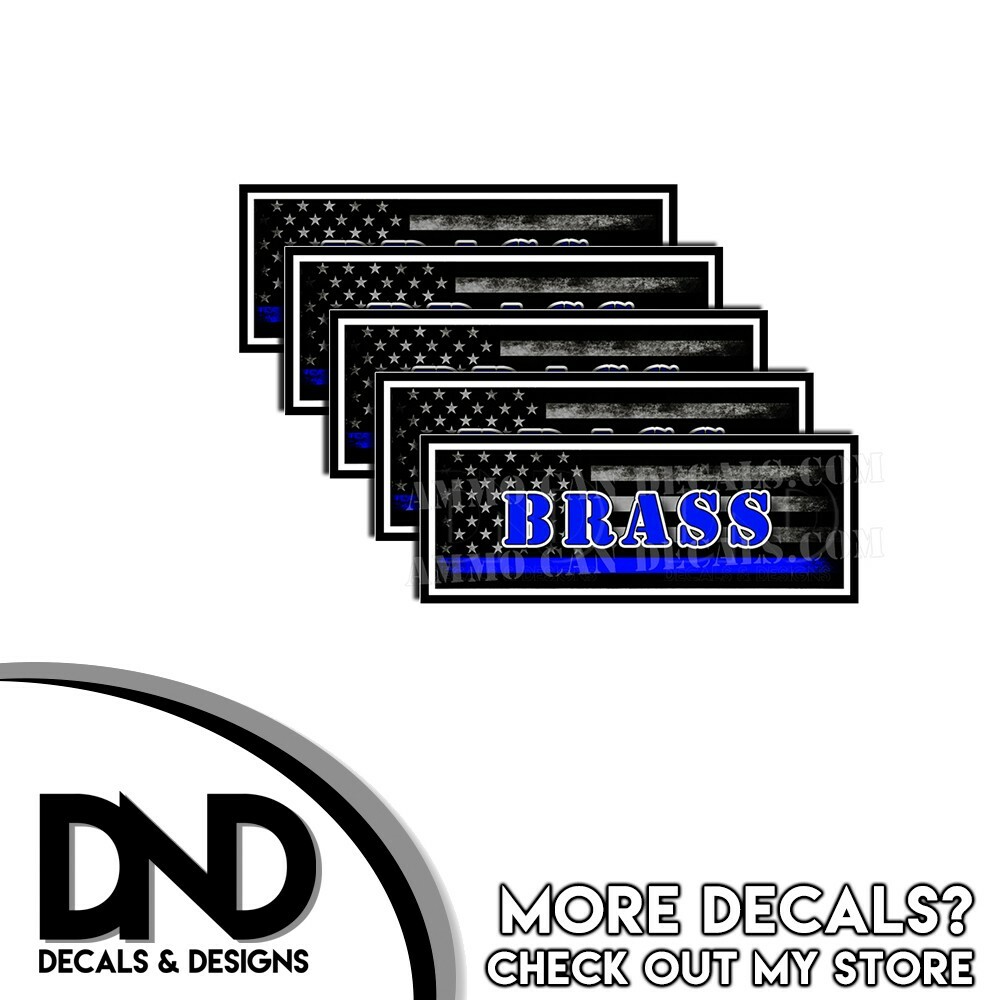 BRASS Ammo Can Decal Gun Ammunition Label Box Sticker Blue Line Flag - 5 Pack