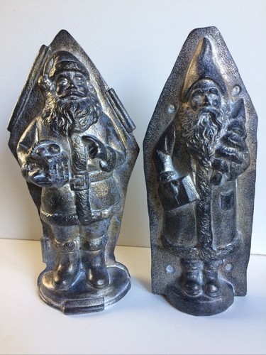 SET Belsnickle Santa Claus Tree Tin Style Silver Resin Chocolate Mold Figurine - 第 1/9 張圖片