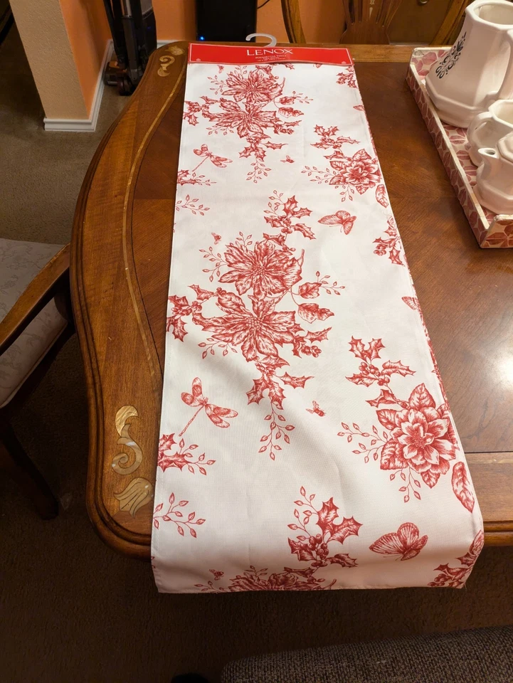 LENOX Christmas Poinsettia Toile Table Runner 14 X 90 Poinsettia NEW - Image 3 of 4