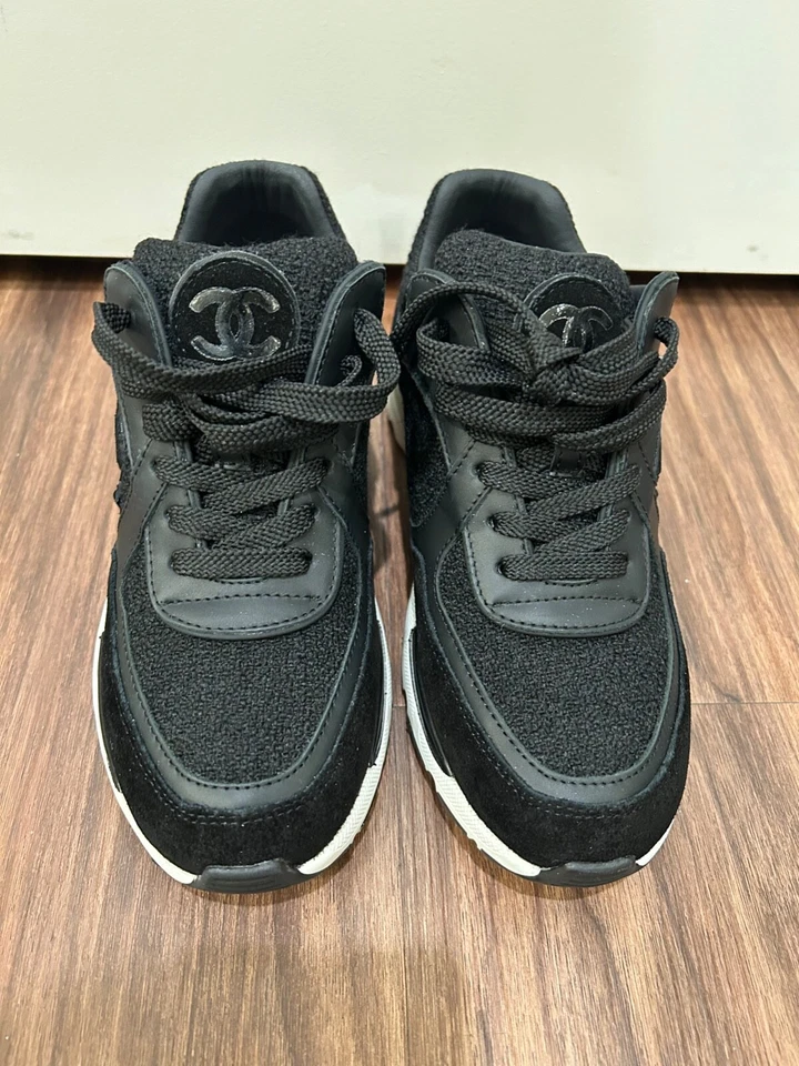 Chanel Black Suede Leather & Tweed Trainer Shoe Size 37 G35617 - Image 3 of 4