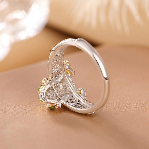 Real 925 Sterling Silver Band Natural Jade Jasper Coin Toad Frog Lucky Ring - Picture 7 of 7