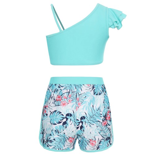 Girls Swimsuit Tankini Tropical Print One Shoulder Tops with Shorts Bathing Suit - Picture 6 of 48