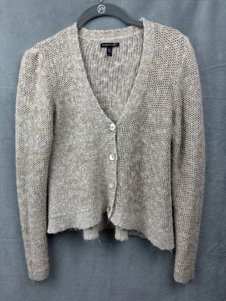 Suéter Cárdigan Recortado Eileen Fisher Pequeño Beige Taupe Cuello en V Metálico Mohair