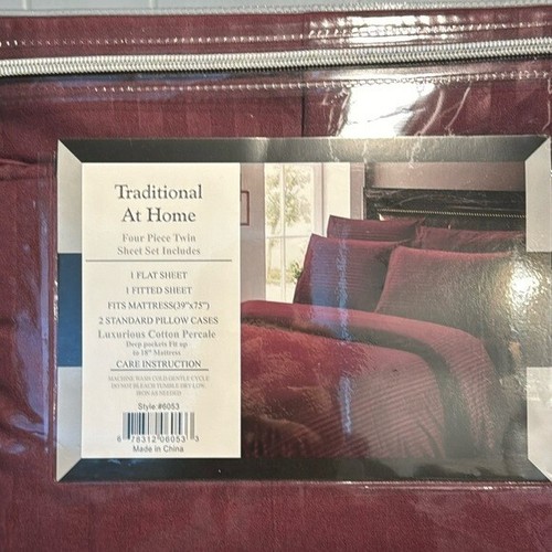 Traditional At Home 4pc Twin Sheet Set Plum Purplish Red Stripes embossed - Picture 2 of 6