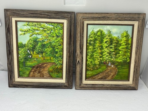 Par de Cavas al óleo vintage árbol paisaje sendero pintura marco de madera original 11 x 13