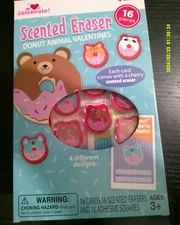 NEW 16 piece CHERRY SCENTED DONUT ANIMAL ERASER valentine card kit