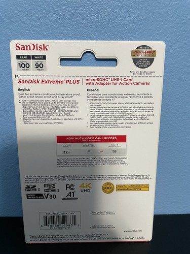 NEW SanDisk Extreme Plus 32GB microSDHC UHS-I Card w/Adapter For Action Cameras - Picture 2 of 2