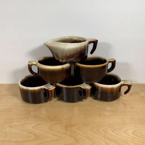 Pfaltzgraff Vintage Brown Drip Glaze Tea Cups/Coffee Mugs And Creamer Set Of 6