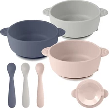 Silicone Baby Feeding Set, 3 Pack Baby Bowls with Suction and 3 Pack Baby Spoons