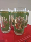 4 Vintage Federal MCM Starburst  Drinking Glasses Green Gold Mid Century 5.5"