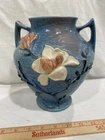 Roseville Pottery Double Handle Blue Magnolia Pattern 9” Vase #92-8