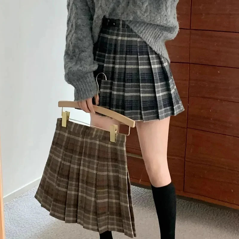 Preppy Style Plaid Pleated Skirt Women Fall Winter High Waist Woolen Mini Skirt