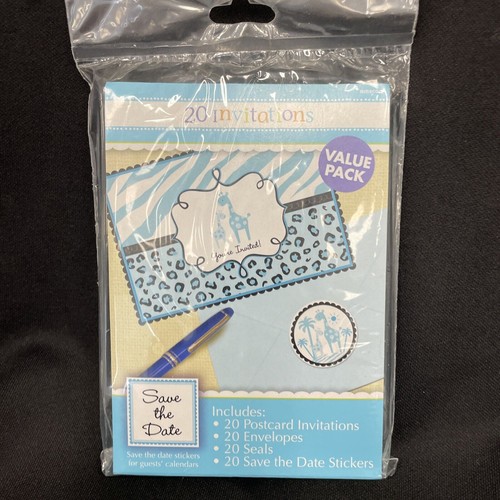 Sweet Safari Boy Jungle Animal Blue Baby Shower 20 Invitations w/Envelopes - Picture 2 of 3