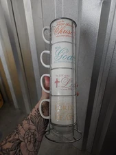 Signature Housewares Stoneware Stackable Coffee Tea Cups Mugs with Metal Stand