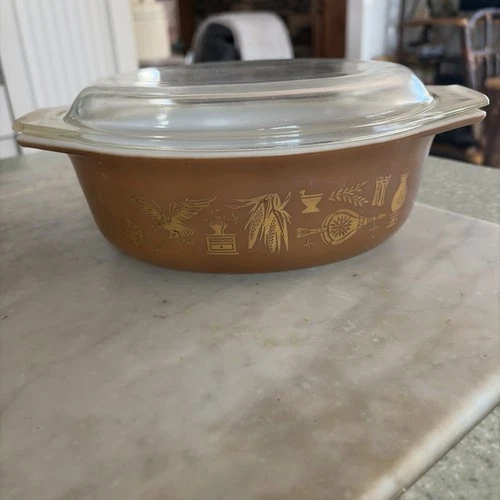Vintage Pyrex Brown Gold Early American 1.5 Qt Casserole Baking Dish With Lid