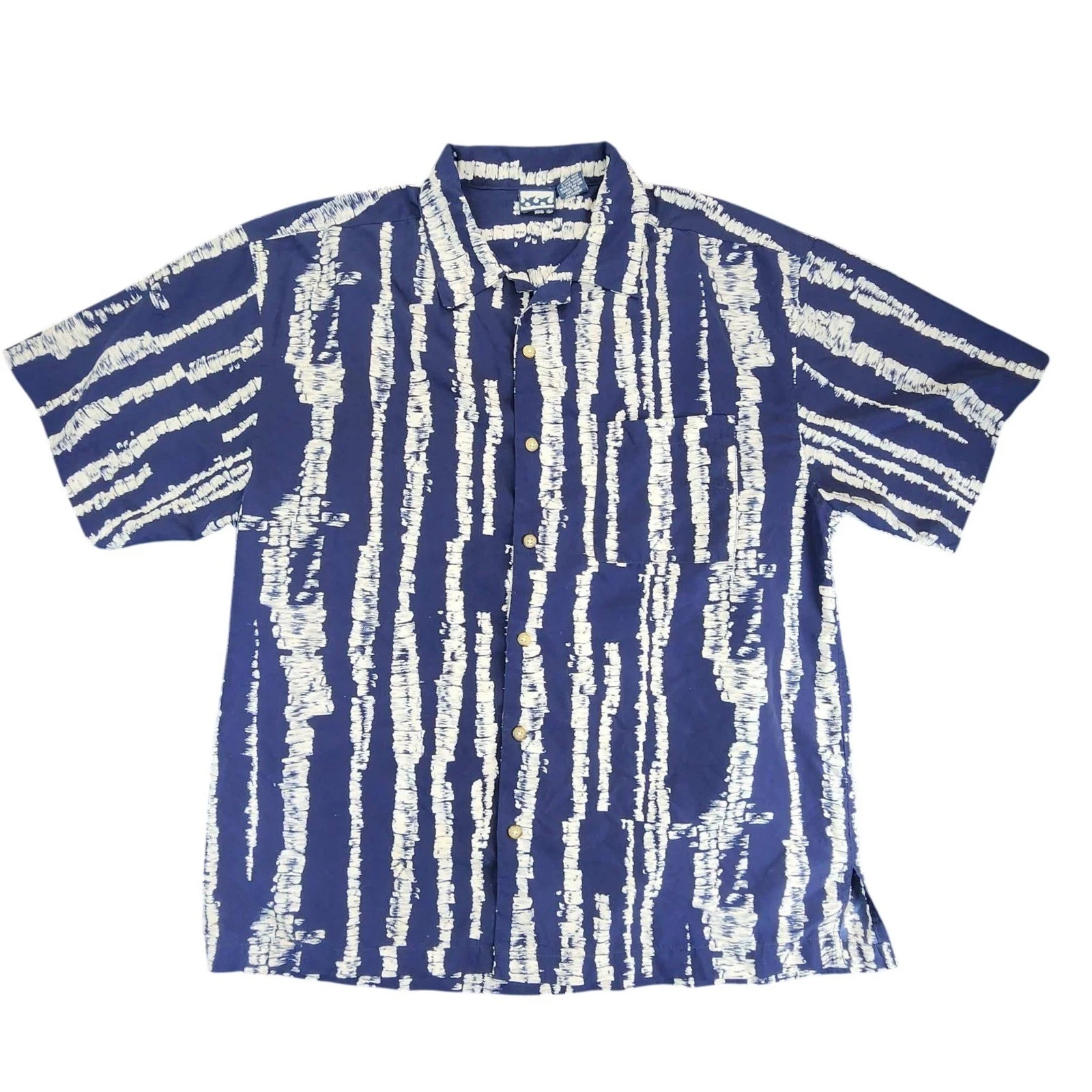 US Expedition Button Down Shirt Mens L Blue White Ikat Tie Dye Short Sleeve Surf