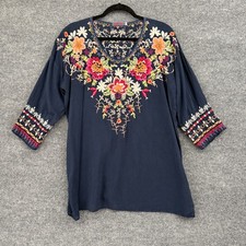 Johnny Was Shaylee Floral Embroidered Tunic Top Blouse Size M Navy Boho Festival