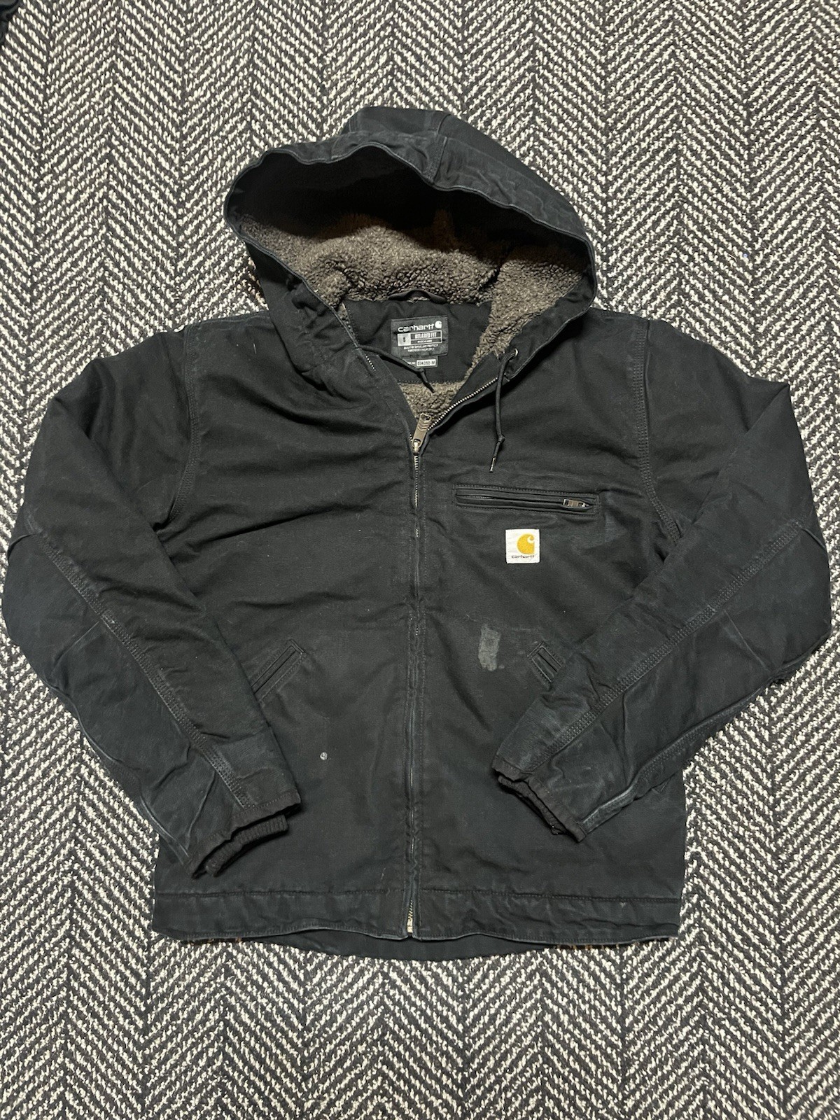 Modern Black Carhartt Sherpa Lined Hooded Jacket Size: Small