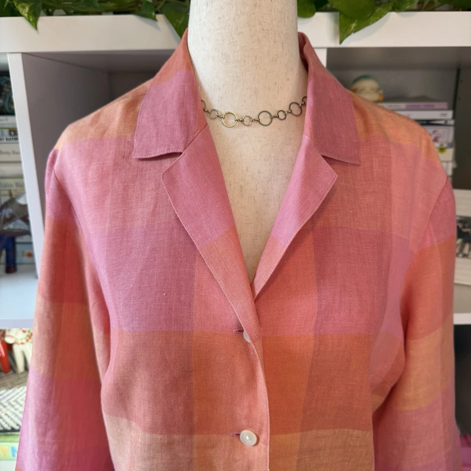 Talbots 100% Linen Pink Plaid Button 3/4 Sleeve Beach Boho Blouse Top Sz 10 - Image 3 of 4