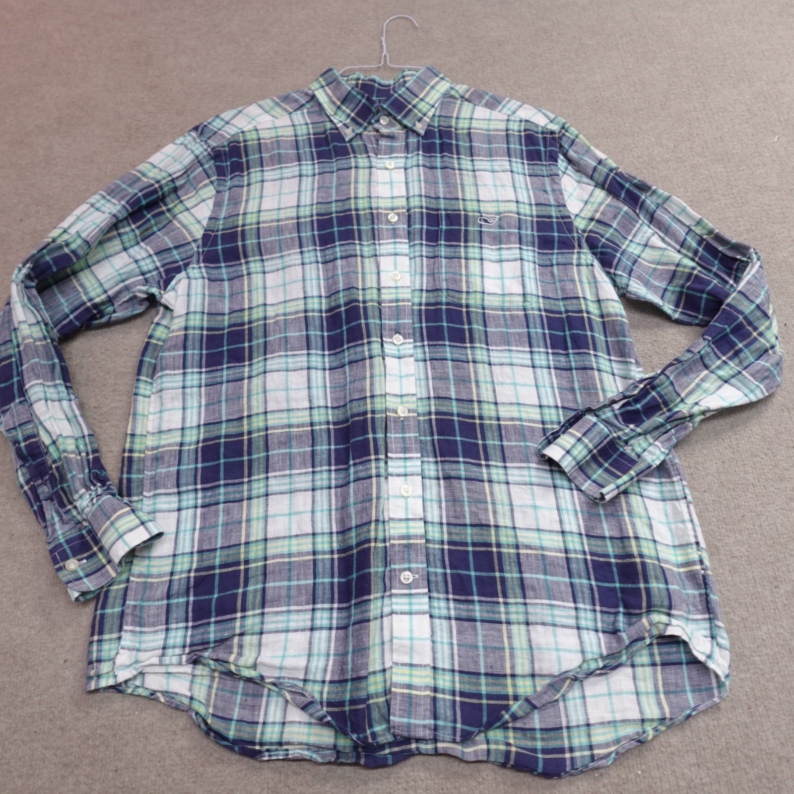 Vineyard Vines Tucker Shirt Large Blue Plaid Slim Fit 100% Linen