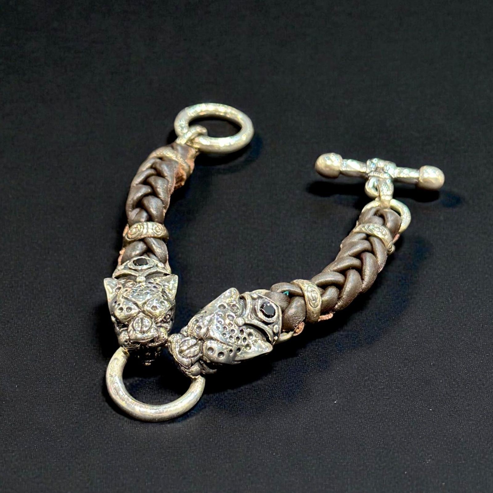 Silver 925 Panther Leather Bracelet 22cm Men's Jewelry From Japan