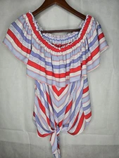 Express Blouse Red White Blue Sleeveless Off Shoulder Tie Front Cottagecore XL