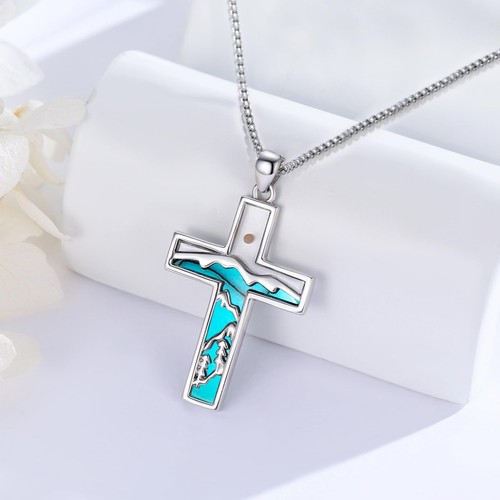 Mustard Seed Cross Necklace 925 Sterling Silver Turquoise Christian Faith Pen... - Picture 4 of 7