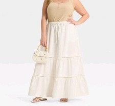 Ava  Viv Skirt Plus 2XL Tiered Maxi Pockets White Boho Cotton A-Line 