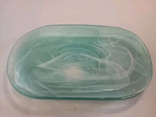 ArdaCam Glass Turquoise  White Swirl Art Deco Oval Tabletop Tray Mid Century