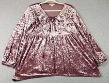 Style&co Top Women’s Medium M Pink Floral Long Sleeve Crush Velvet Embroidered