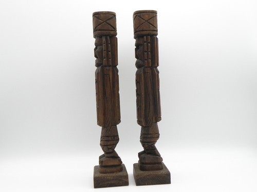 Vtg Pair Hand Carved Wooden Totem Tiki Candle Holders 12" Faces Geometric Shapes - Picture 3 of 11