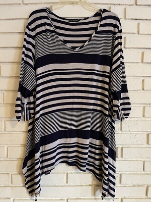 CHA CHA VENTE Blue & Gray Stripe Asymmetrical Top Tunic 3/4 Sleeve Blouse sz 2X