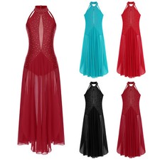 Womens Dancewear Adult Leotard Halter Neck Dress Maxi Costume Sequin Modern
