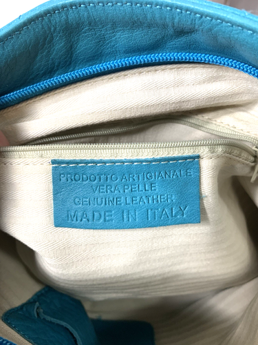 Prodotto Artigianale Italian Leather Shoulder Bag Turquoise Blue Gold Chain - Picture 10 of 14