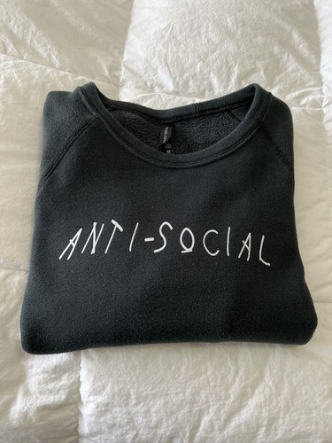 Crewneck Sweatshirt~ Size Medium “Anti-Social” Distressed Black - Picture 8 of 8