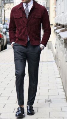 Burgundy Leather Trucker Jacket Men Pure Suede Custom Made Size S M L XXL 3XL