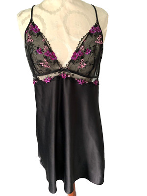 VICTORIA'S SECRET Chemise Black Embroidered Pink Purple Babydoll Lingerie Size L
