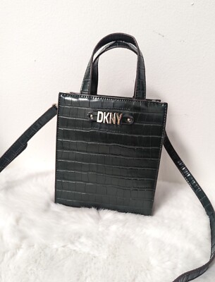 DKNY Dark Green Crocodile Embossed Small Alison Leather Crossbody Tote Purse